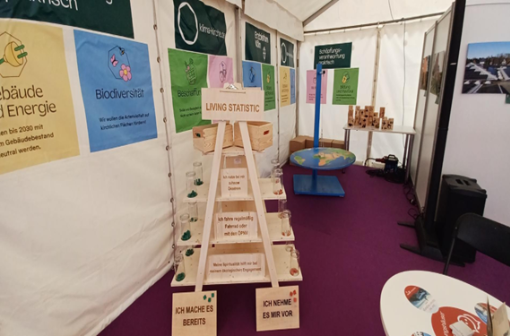 Ausstellungsraum mit Plakaten und Holzaufsteller rund um das Thema Klima